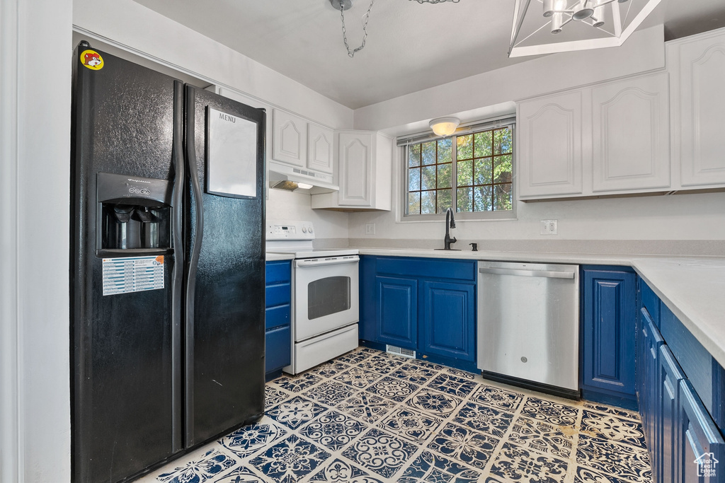 Kitchen featuring blue cabinets, black refrigerator with ice dispenser, dishwasher, white electric range oven, and white cabinets
