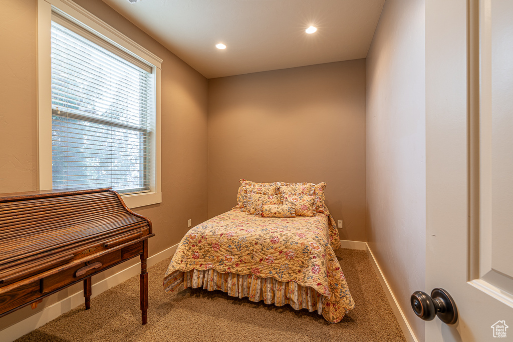 Bedroom featuring baseboards, multiple windows, carpet flooring, and recessed lighting