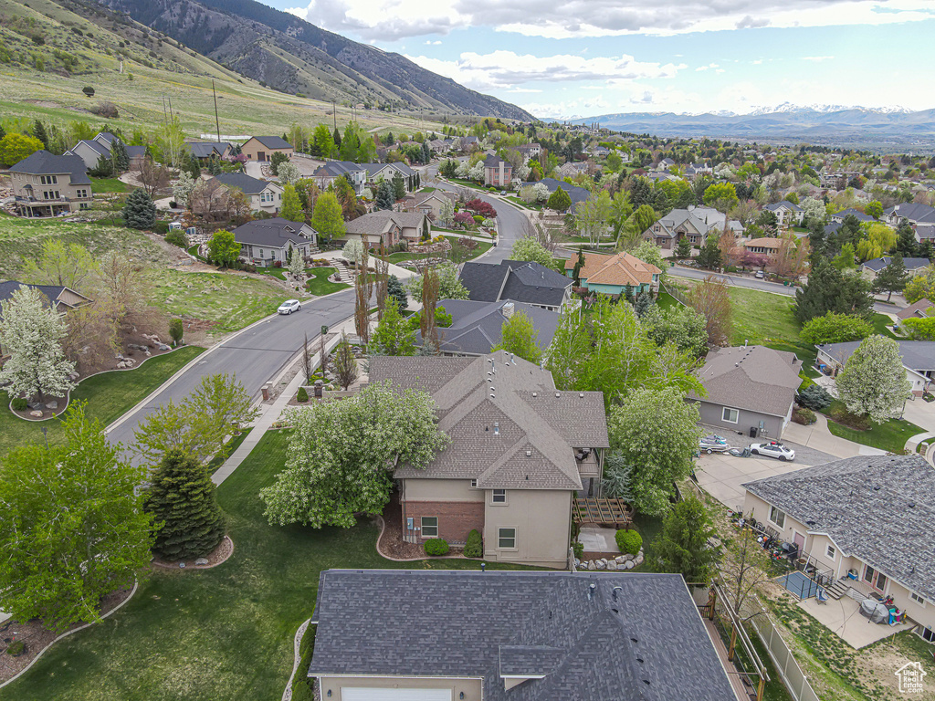 Birds eye view of property with a residential view and a mountain view