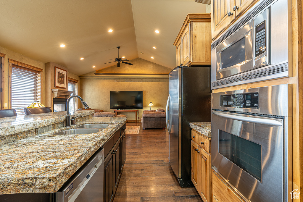Kitchen with lofted ceiling, a sink, dark wood-type flooring, a fireplace, and appliances with stainless steel finishes