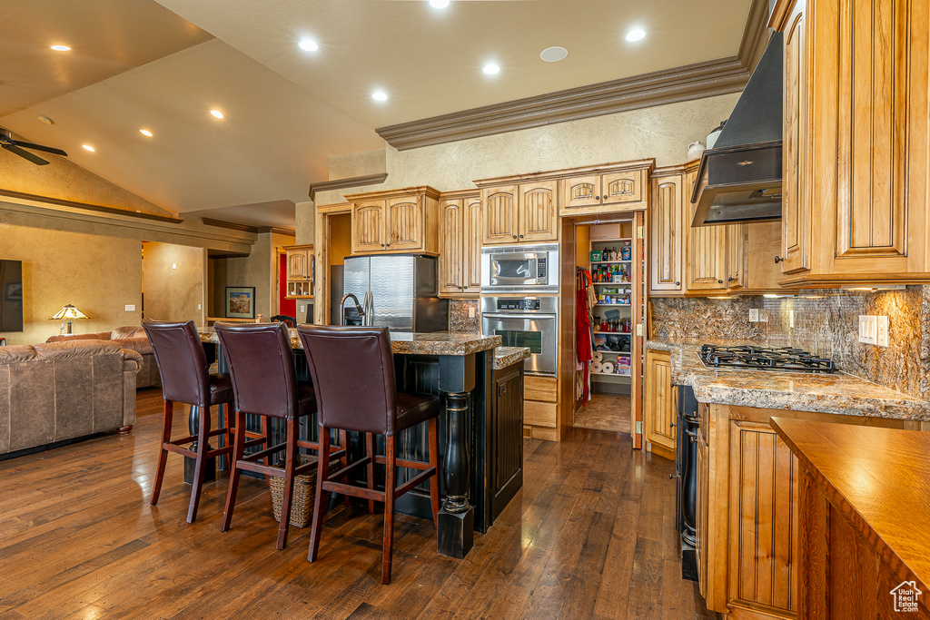 Kitchen featuring ventilation hood, a kitchen breakfast bar, open floor plan, high vaulted ceiling, and stainless steel appliances