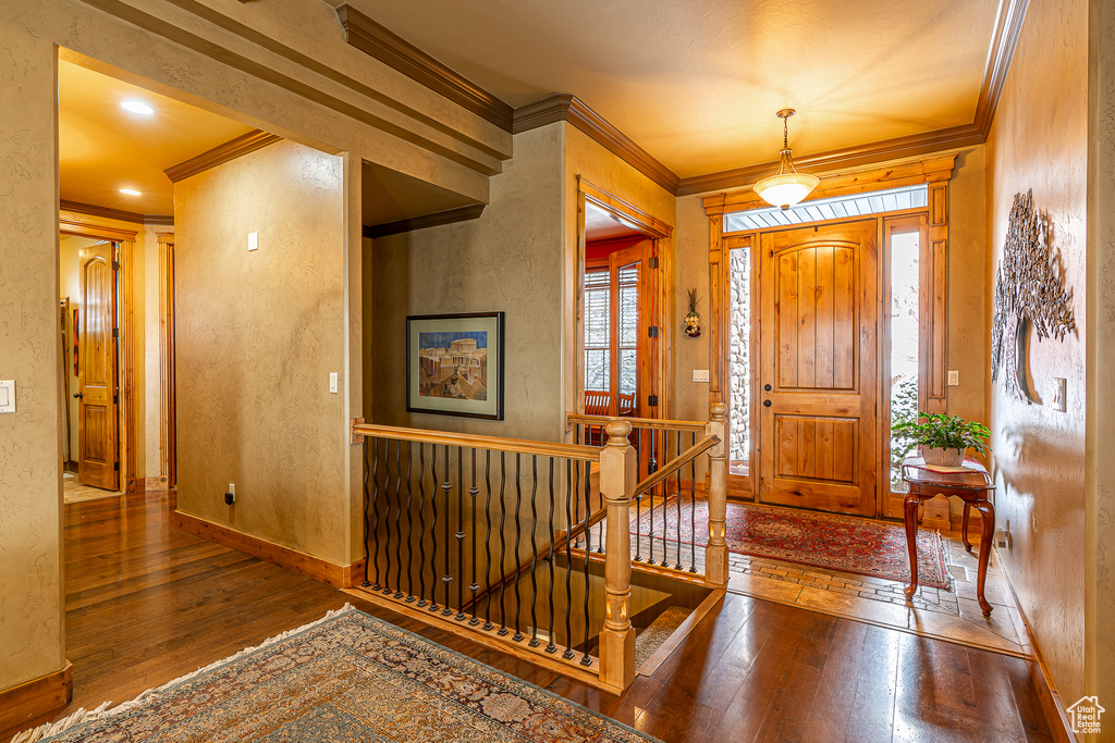 Entrance foyer featuring crown molding, baseboards, and hardwood / wood-style floors