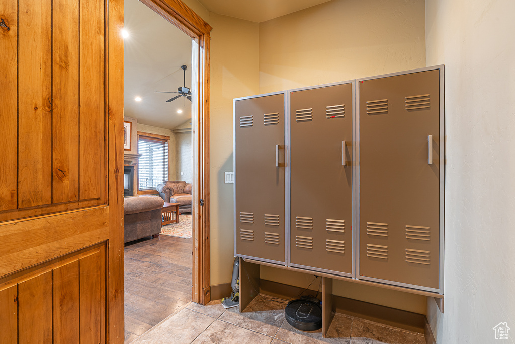 Mudroom with a ceiling fan