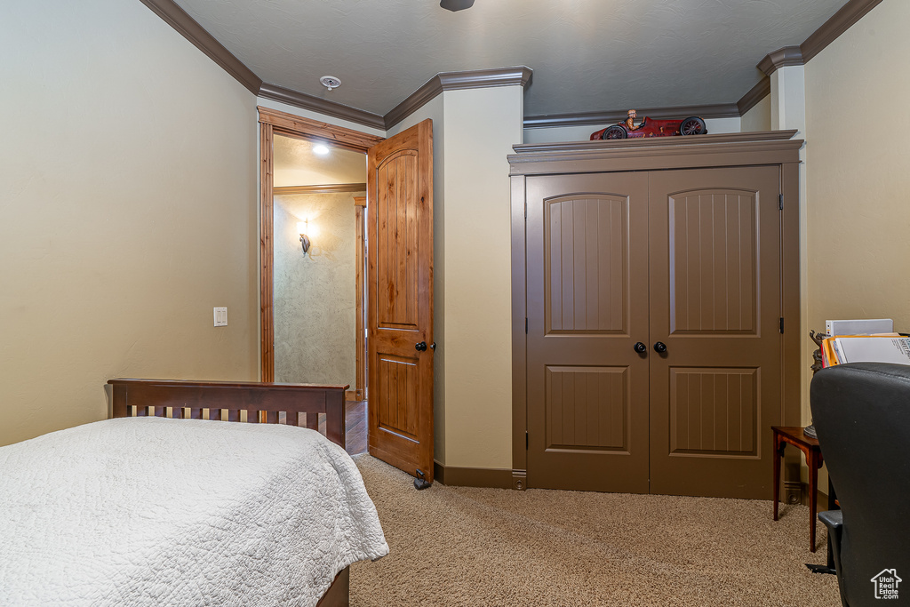 Bedroom with baseboards, a closet, crown molding, and light colored carpet