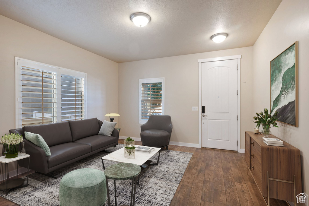 Living area featuring dark wood-style flooring and baseboards
