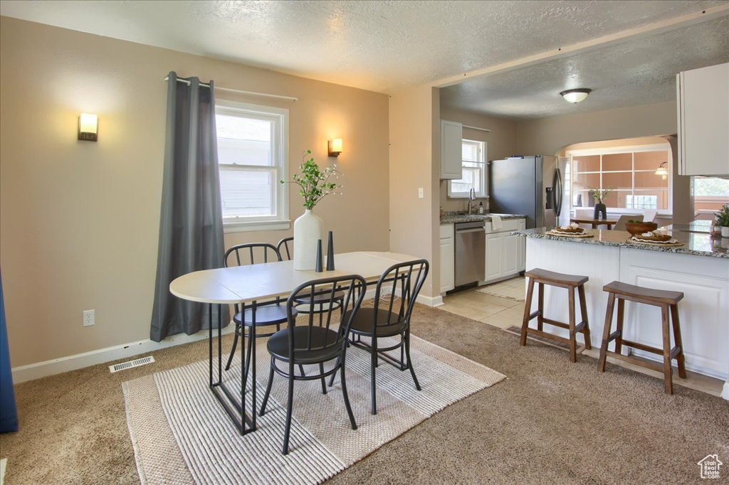 Dining room with a textured ceiling, light carpet, and baseboards