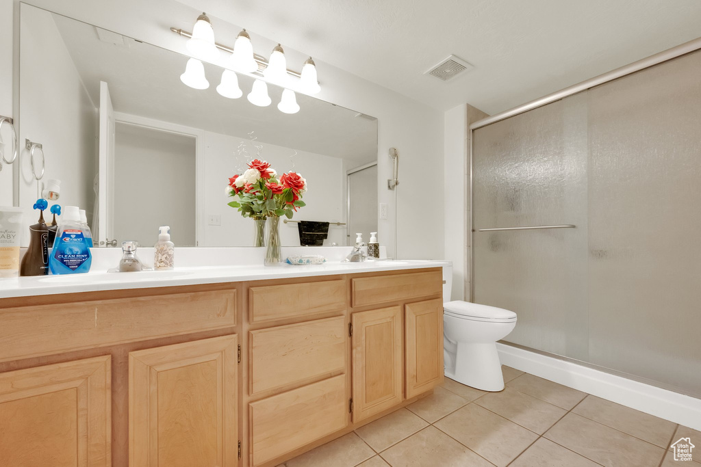 Full bathroom with double vanity, visible vents, a stall shower, toilet, and tile patterned floors
