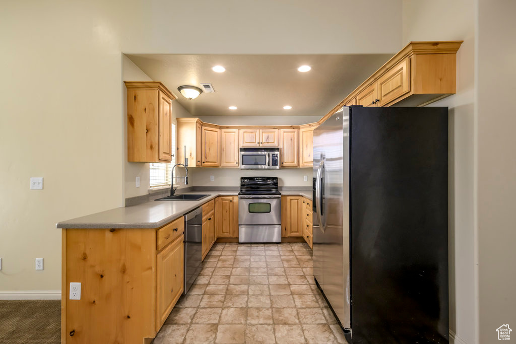 Kitchen with light brown cabinetry, recessed lighting, baseboards, a sink, and stainless steel appliances