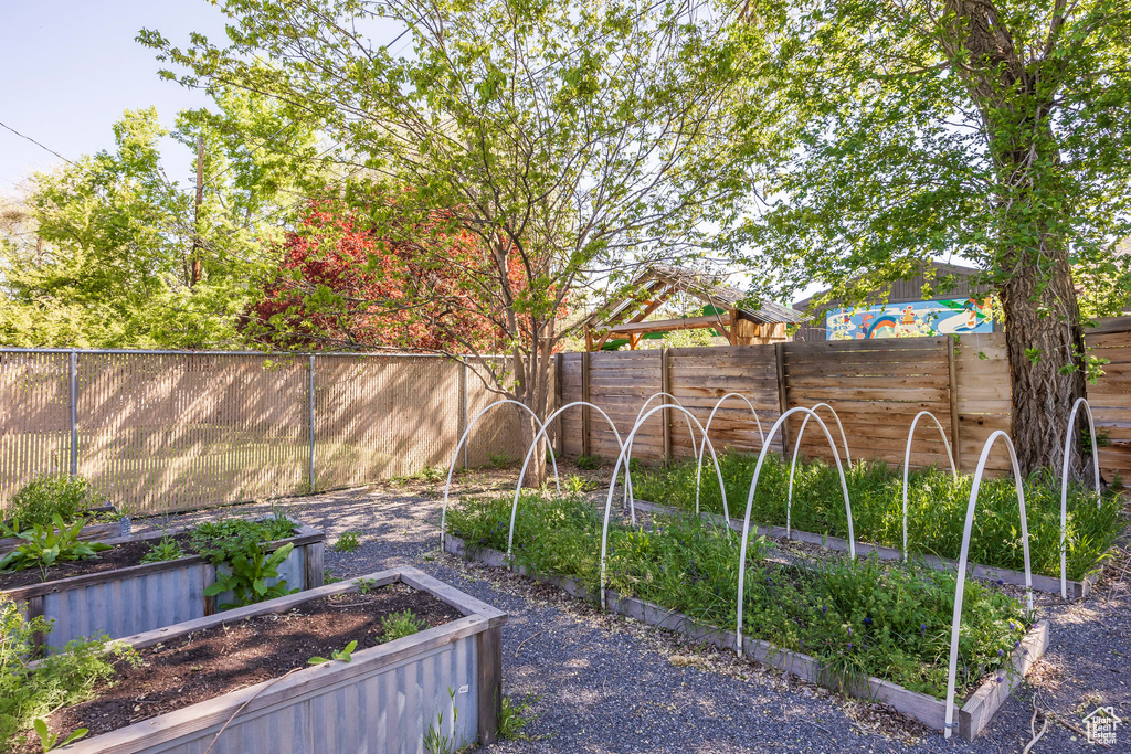 View of yard with a fenced backyard and a garden