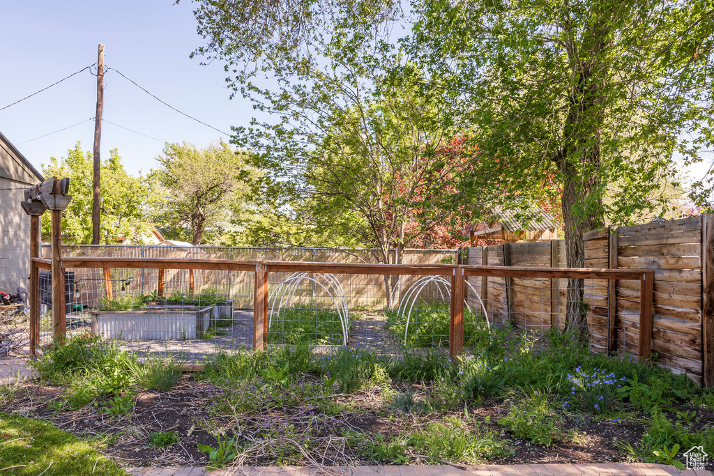 View of yard featuring a garden and a fenced backyard