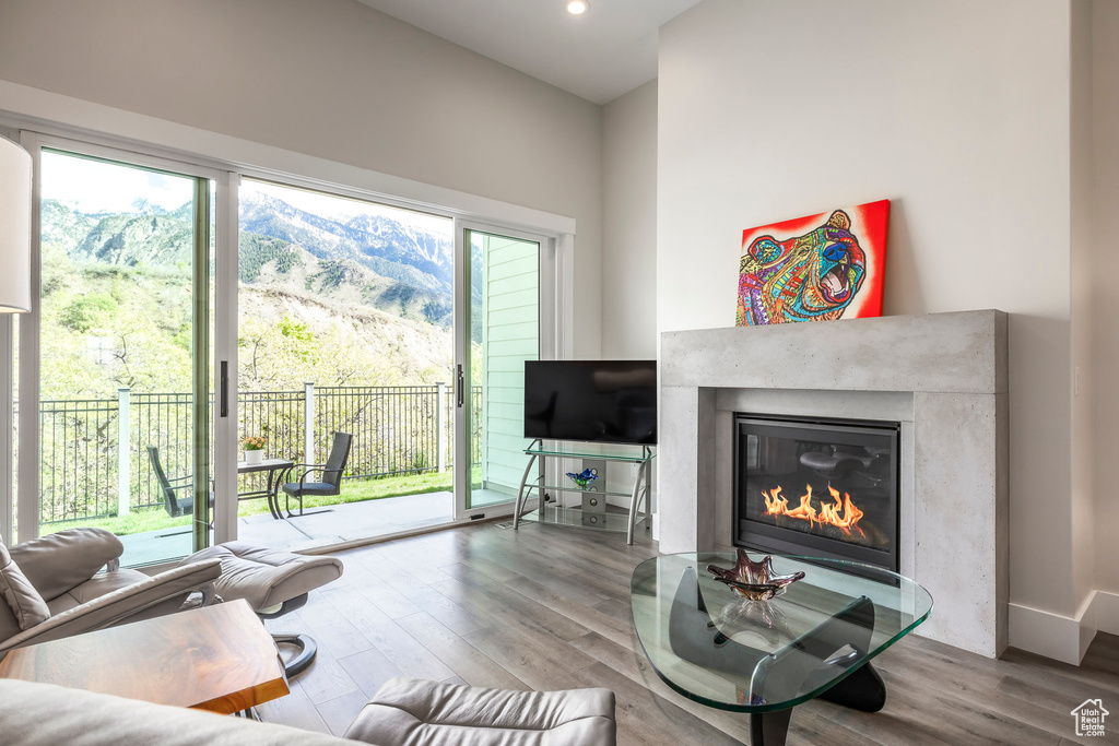 Living room featuring wood finished floors, a fireplace, and recessed lighting