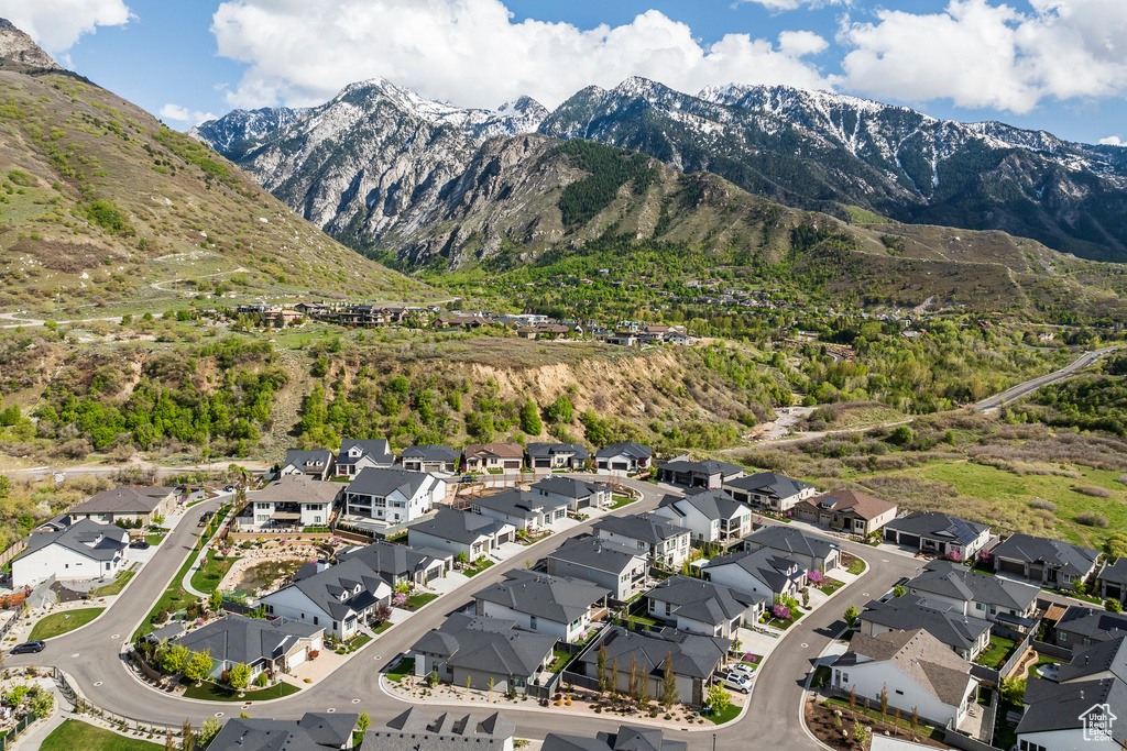 Drone / aerial view with a mountain view and a residential view