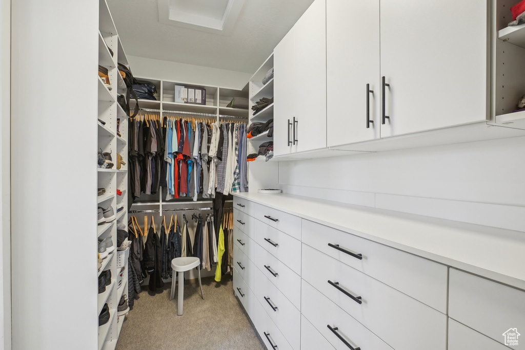 Spacious closet featuring light colored carpet