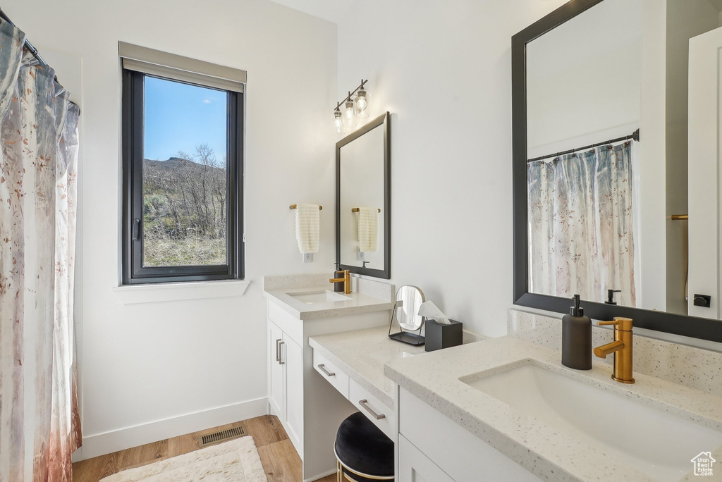 Bathroom featuring two vanities, visible vents, a sink, and wood finished floors