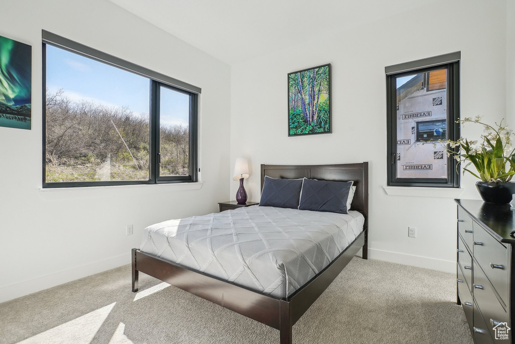 Carpeted bedroom with baseboards