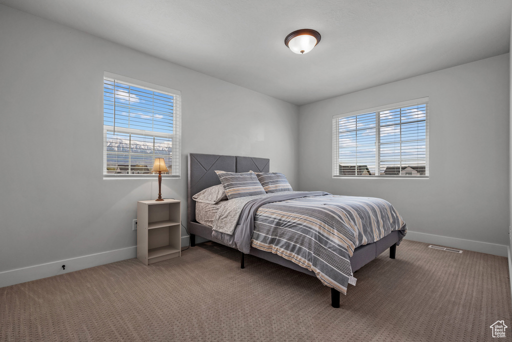 Bedroom featuring baseboards, visible vents, multiple windows, and carpet