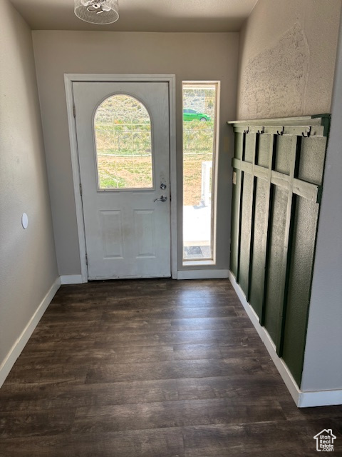 Foyer with baseboards and dark wood finished floors