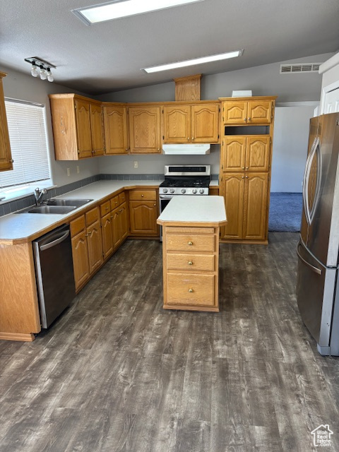 Kitchen with visible vents, range hood, a sink, dark wood finished floors, and appliances with stainless steel finishes