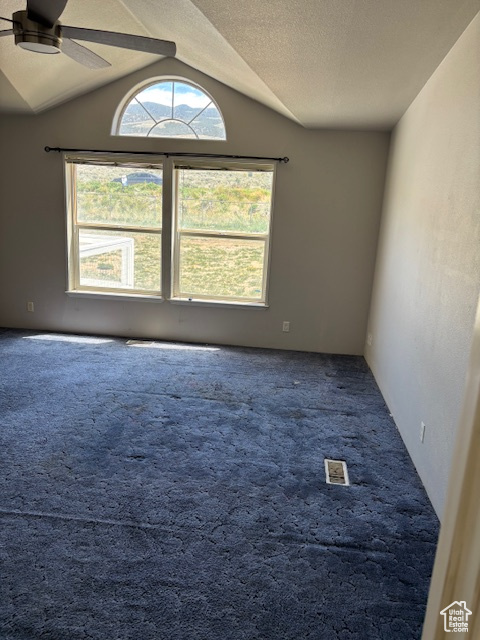 Unfurnished room featuring carpet flooring, a textured ceiling, a ceiling fan, and vaulted ceiling