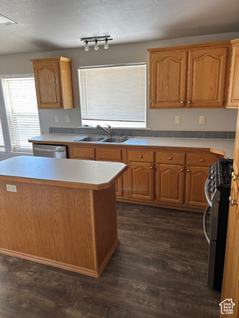 Kitchen with dark wood-style flooring, stainless steel appliances, a sink, and light countertops