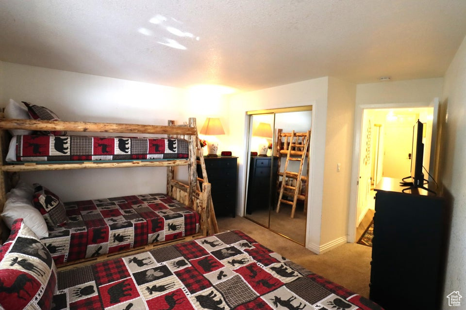 Bedroom featuring carpet flooring and a closet