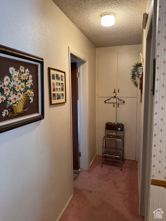 Corridor with light carpet and a textured ceiling