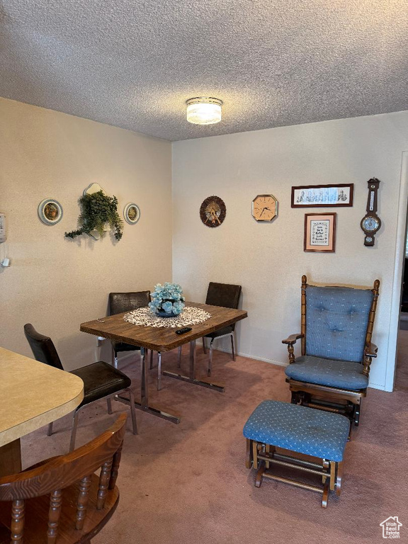 Carpeted dining space with a textured ceiling