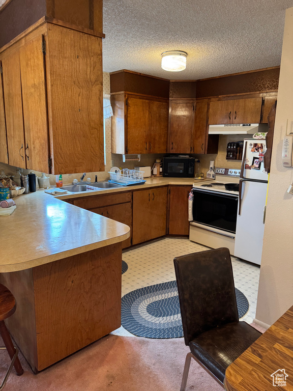 Kitchen with a sink, a peninsula, white appliances, under cabinet range hood, and light countertops