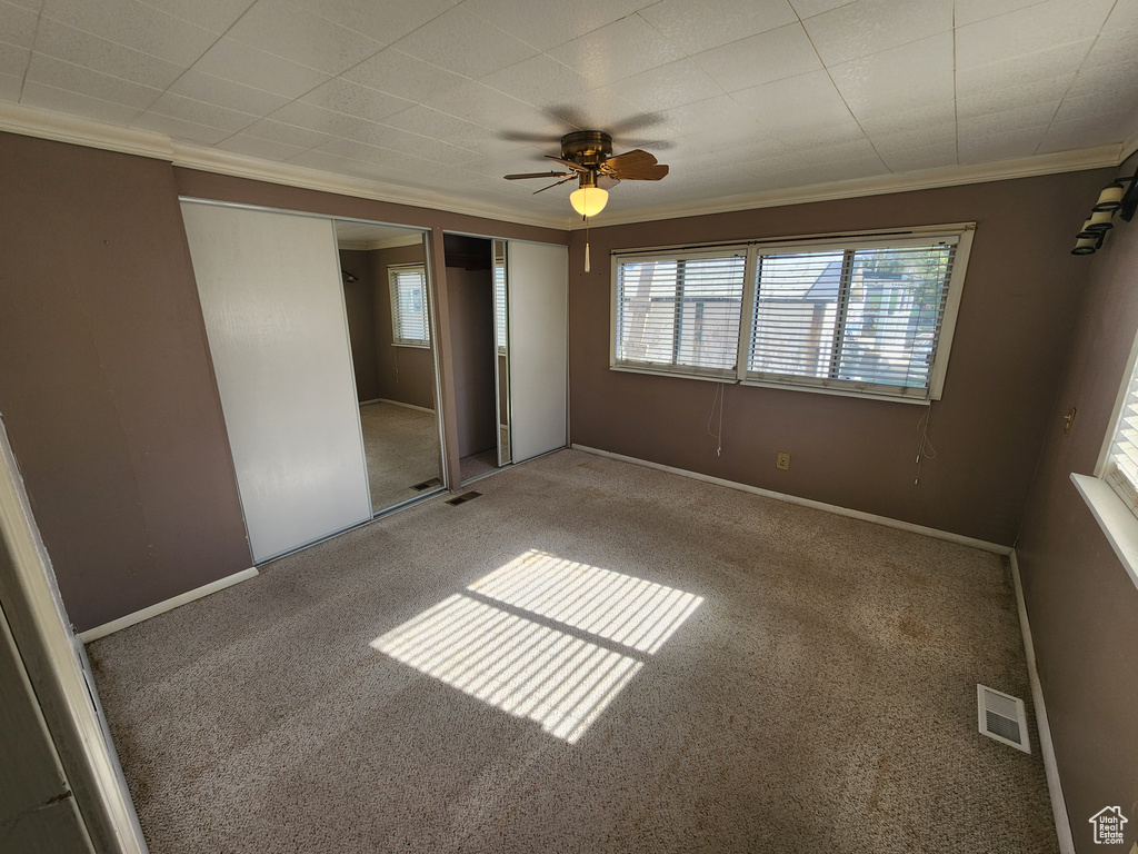 Unfurnished bedroom featuring carpet, visible vents, multiple closets, and ornamental molding