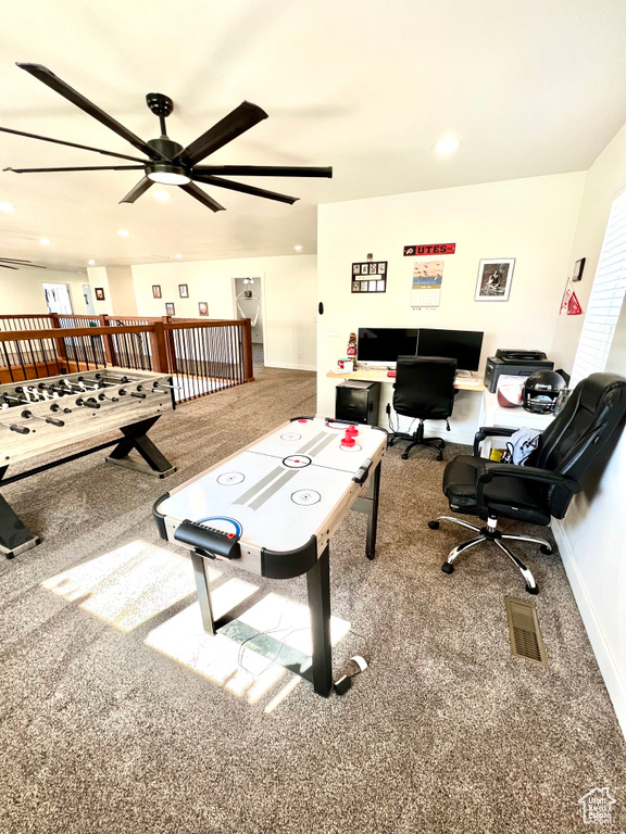 Game room featuring recessed lighting, baseboards, a ceiling fan, and carpet floors