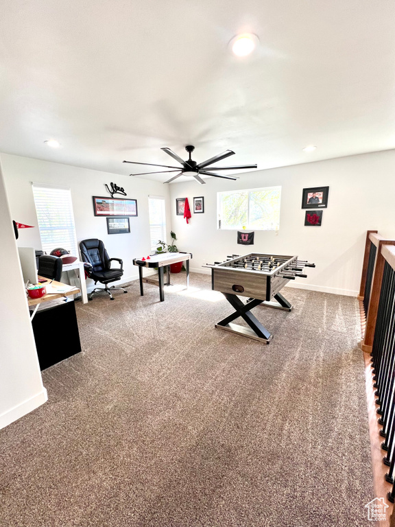 Rec room with a ceiling fan, carpet flooring, recessed lighting, and baseboards