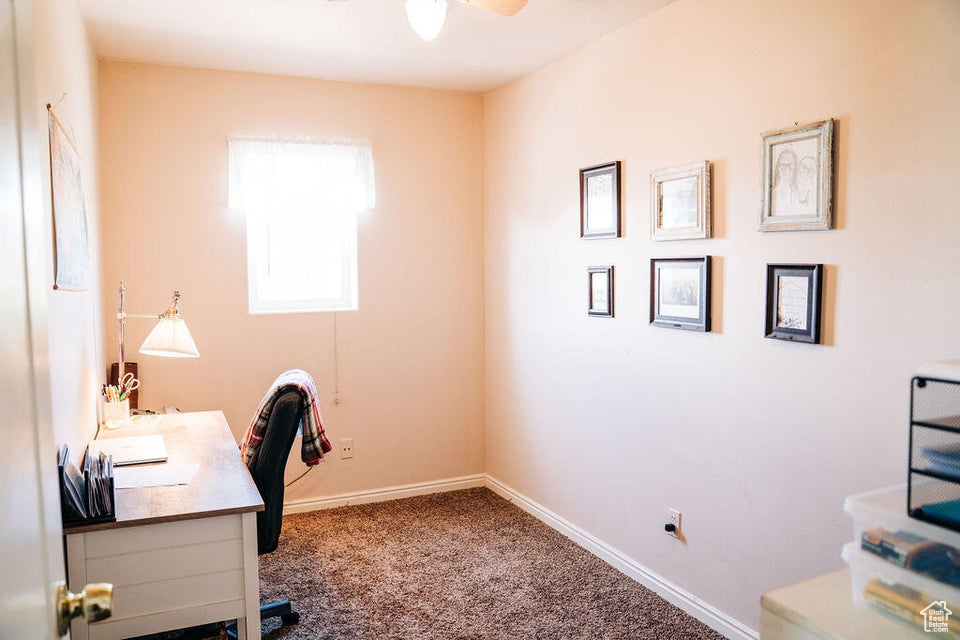 Office area featuring baseboards, a ceiling fan, and carpet floors