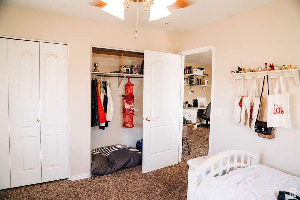 Bedroom featuring a ceiling fan, carpet flooring, and multiple closets