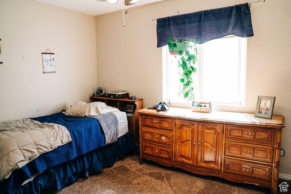 Bedroom with dark colored carpet