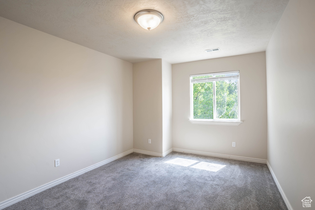 Carpeted empty room featuring a textured ceiling, baseboards, and visible vents