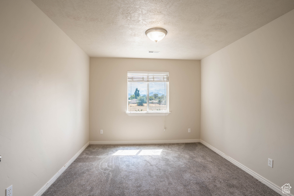 Carpeted spare room with baseboards, visible vents, and a textured ceiling