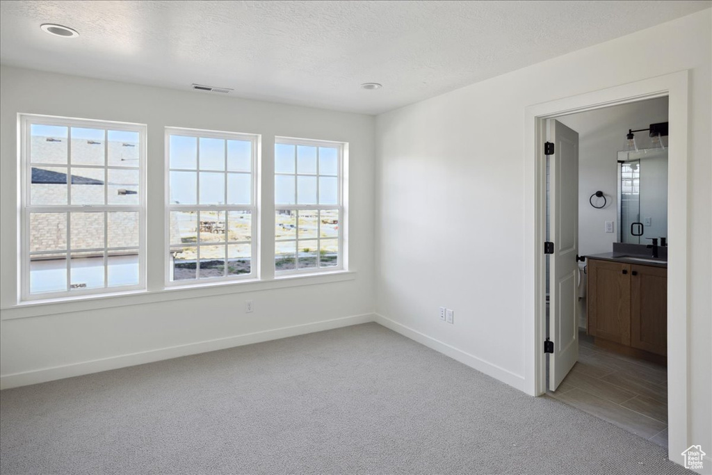 Unfurnished room featuring light colored carpet, baseboards, and a sink