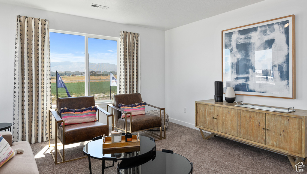 Sitting room with a mountain view, carpet floors, baseboards, and visible vents