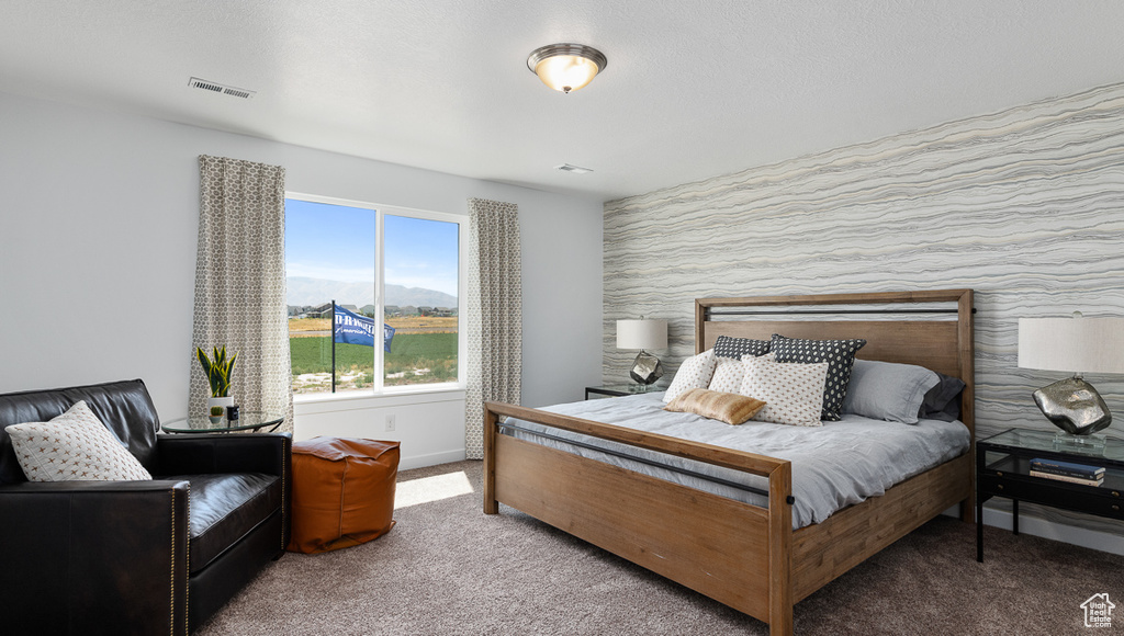 Carpeted bedroom featuring baseboards and visible vents