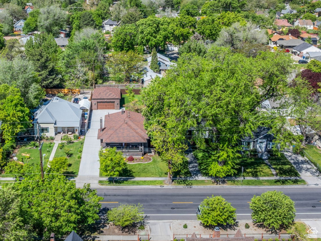 Aerial perspective of suburban area with a mountain backdrop