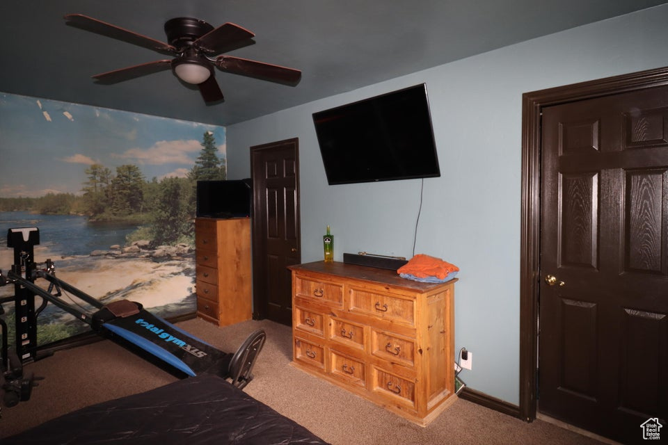 Carpeted bedroom with a ceiling fan