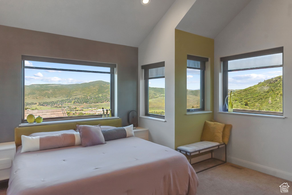 Bedroom featuring vaulted ceiling, carpet floors, and a mountain view