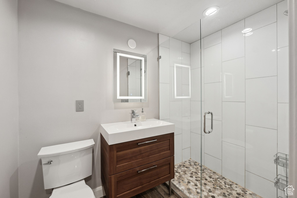Bathroom featuring vanity, toilet, and a shower stall