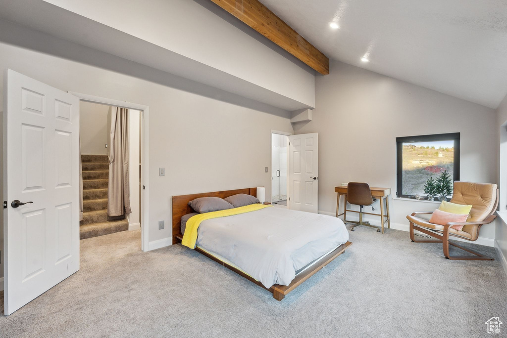 Bedroom with recessed lighting, baseboards, lofted ceiling with beams, and carpet floors