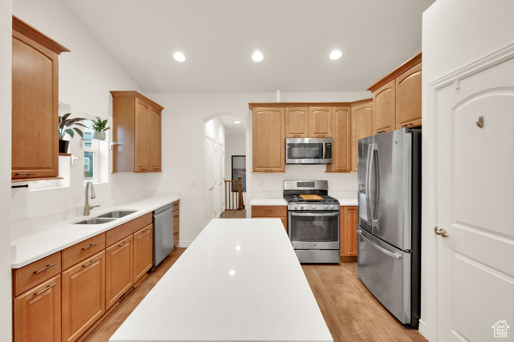 Kitchen with arched walkways, a sink, light countertops, stainless steel appliances, and light wood-style flooring