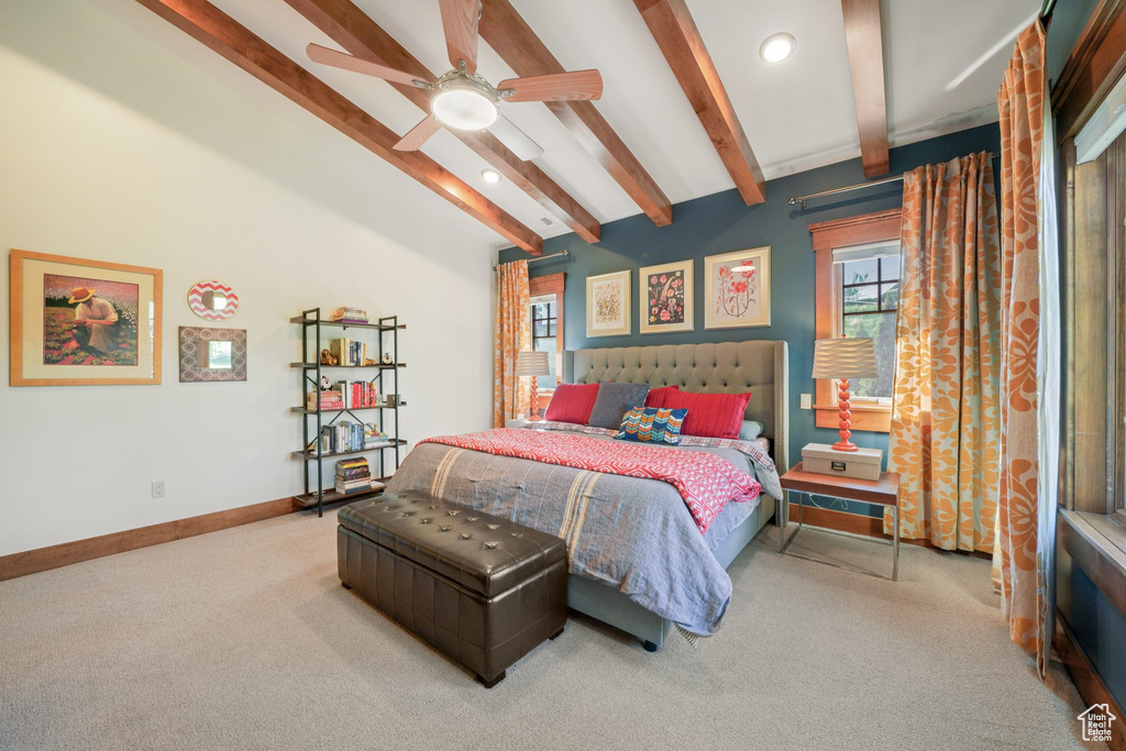 Bedroom with carpet floors, baseboards, and recessed lighting