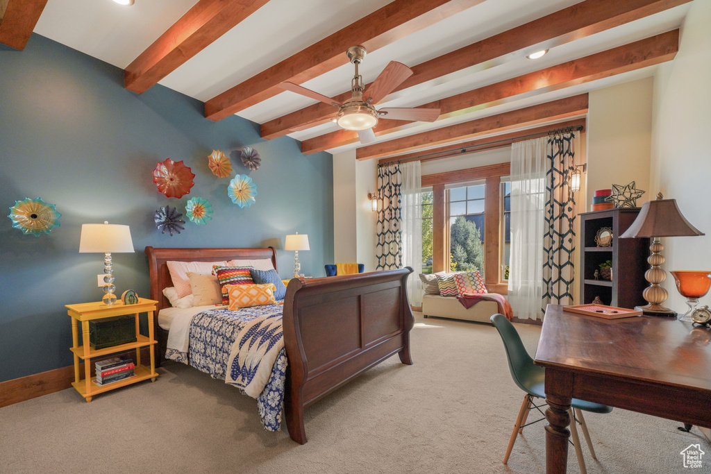 Carpeted bedroom with beam ceiling, recessed lighting, and baseboards