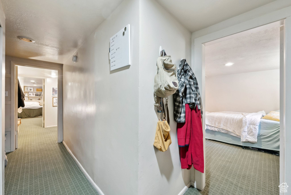 Hallway featuring carpet flooring and baseboards