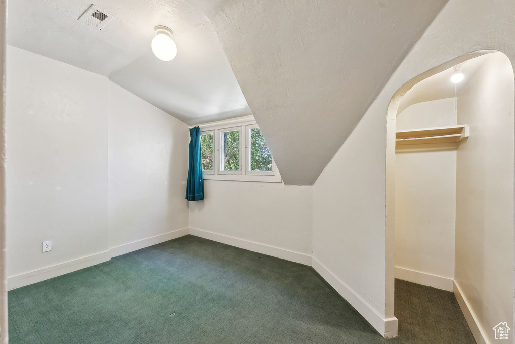 Additional living space with baseboards, lofted ceiling, and carpet floors