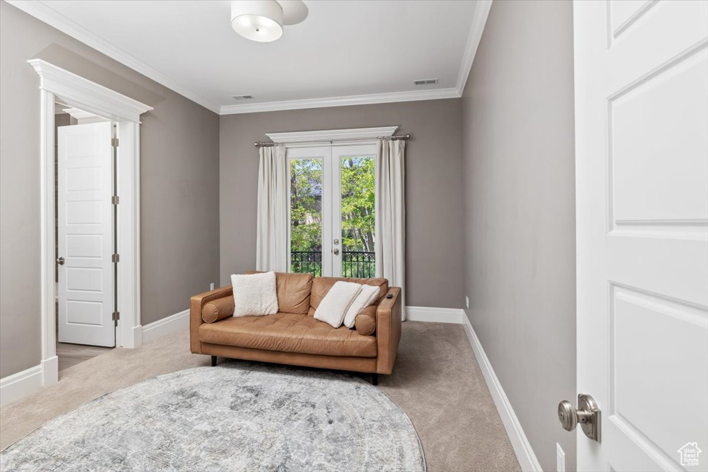 Living area with visible vents, baseboards, and carpet floors